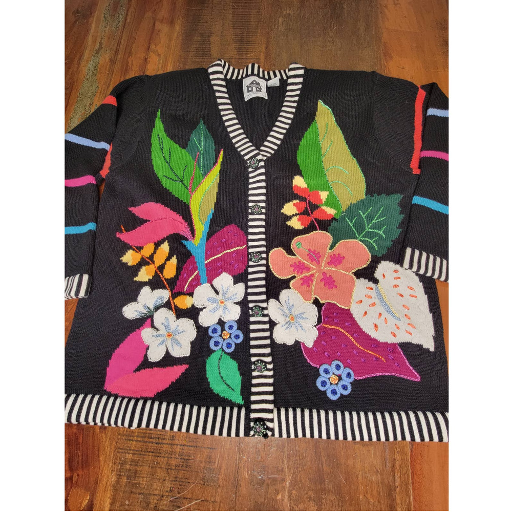 Storybook Knits Colorful Floral on Black Cardigan - Sz 2XL